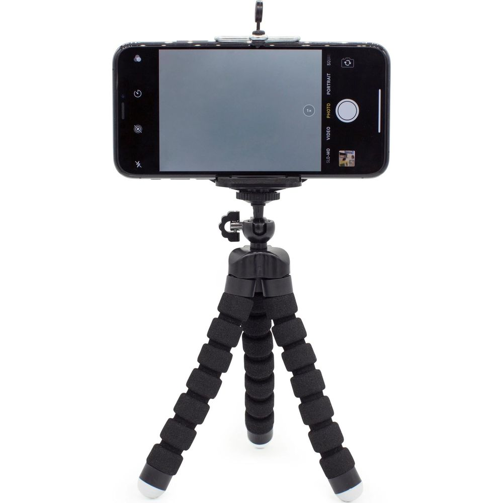 Ein Smartphone auf einem flexiblen Stativ mit schwarzem Schaumstoff.