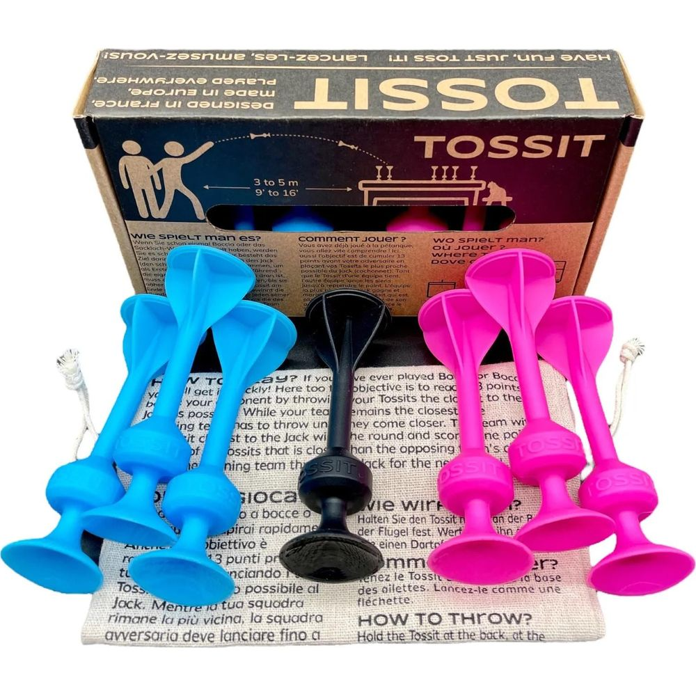 Un set di gioco Tossit con freccette blu, nere e rosa sulla sua confezione.