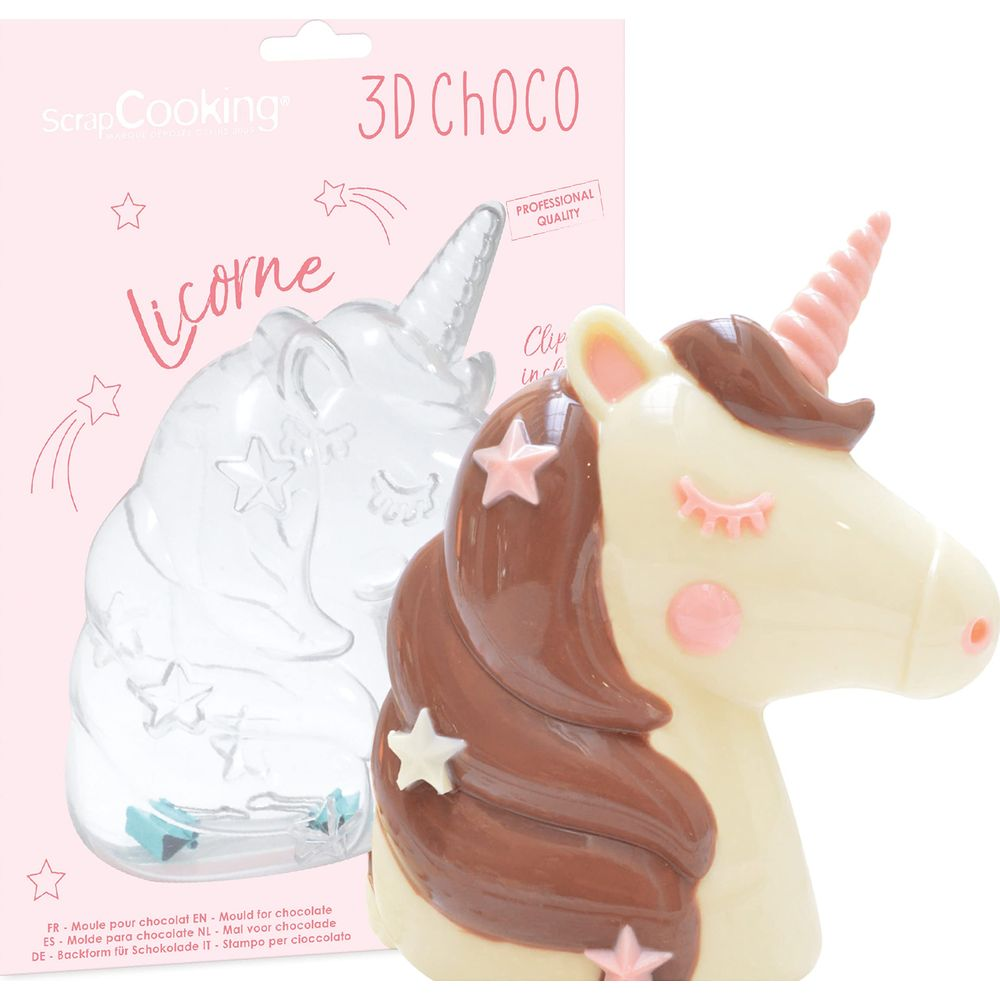 3D Einhorn-Schokoladenform mit transparentem Gegenstück auf rosa Verpackung.