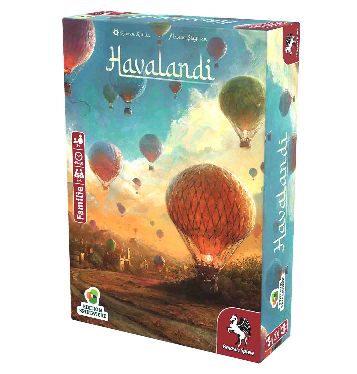 Brettspielbox mit Heißluftballons am Himmel über einer Landschaft bei Sonnenuntergang.