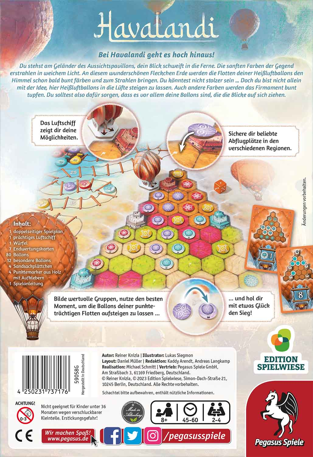 Brettspiel "Havalandi": Spielplan, Ballons, Würfel, Karten, Marker und Anleitung auf dem Karton.