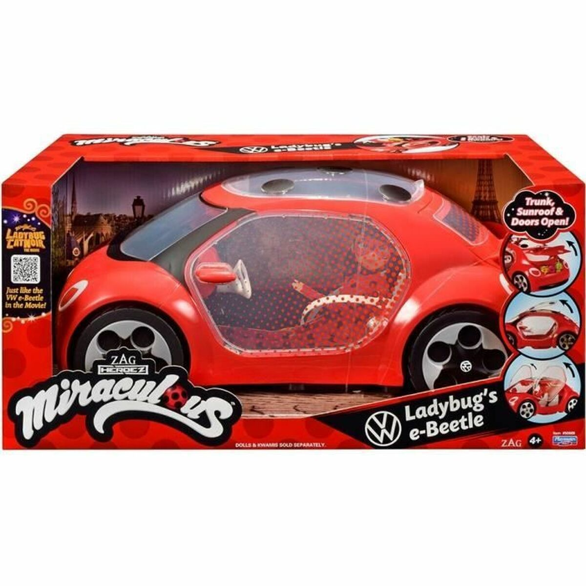 Ein rotes Spielzeugauto im Karton, inspiriert von Ladybug, mit sichtbaren Rädern.