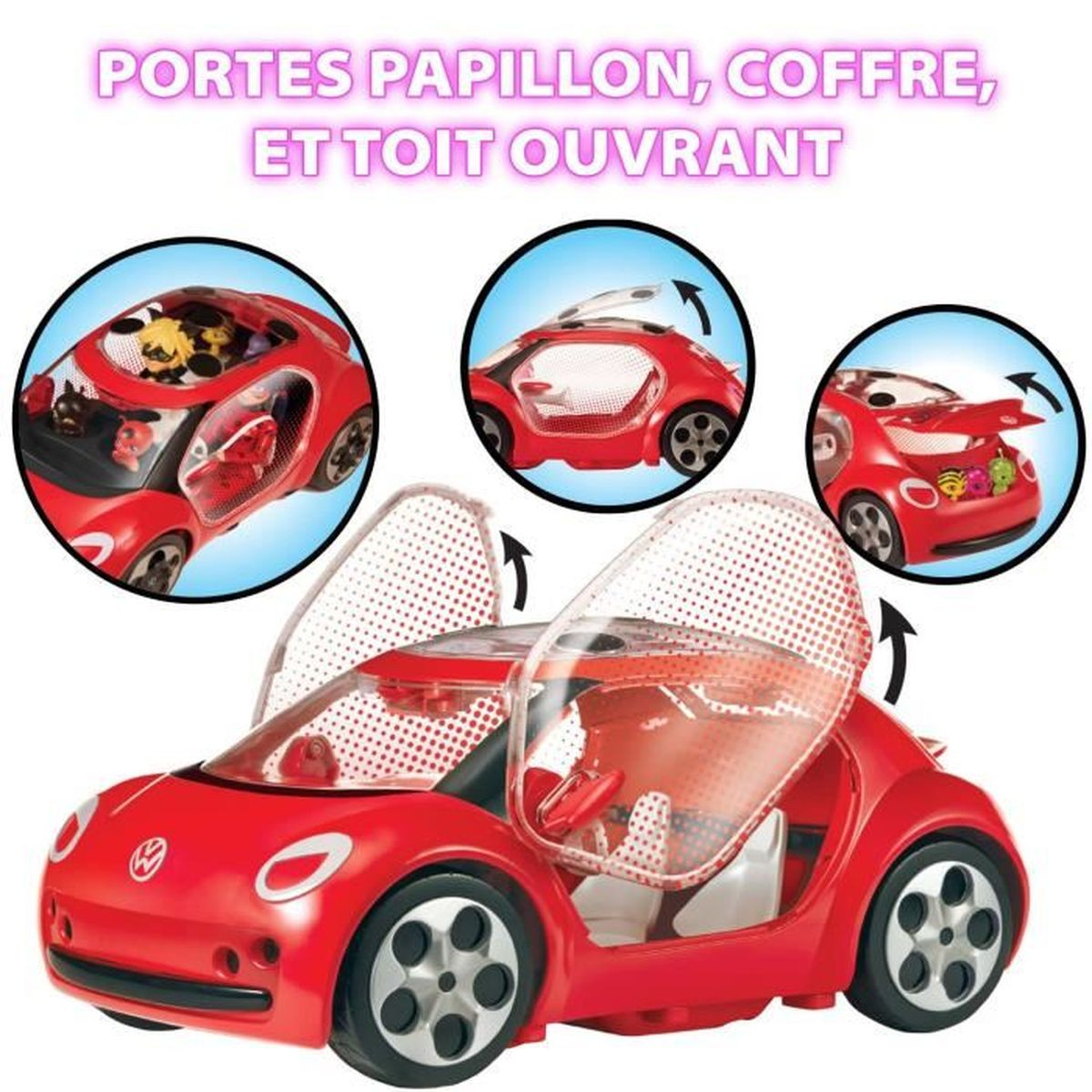 Rotes Spielzeugauto mit Flügeltüren, offenem Kofferraum und Schiebedach.