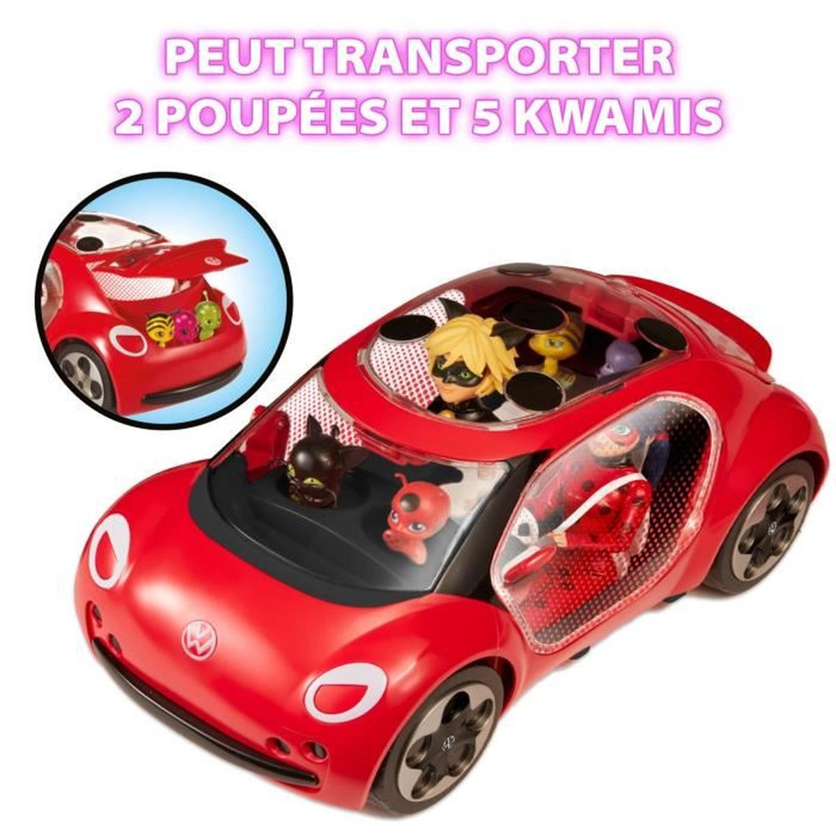 Ein rotes Spielzeugauto mit Charakterfiguren wie Ladybug und Cat Noir.