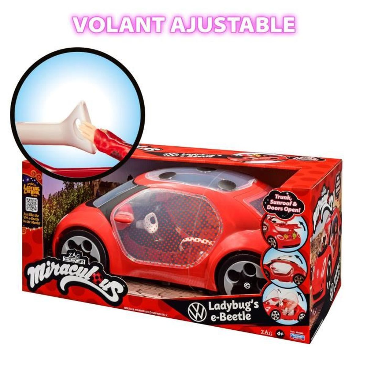 Roter Spielzeug-Käfer mit Miraculous-Branding, verstellbarem Lenkrad und Zubehör.