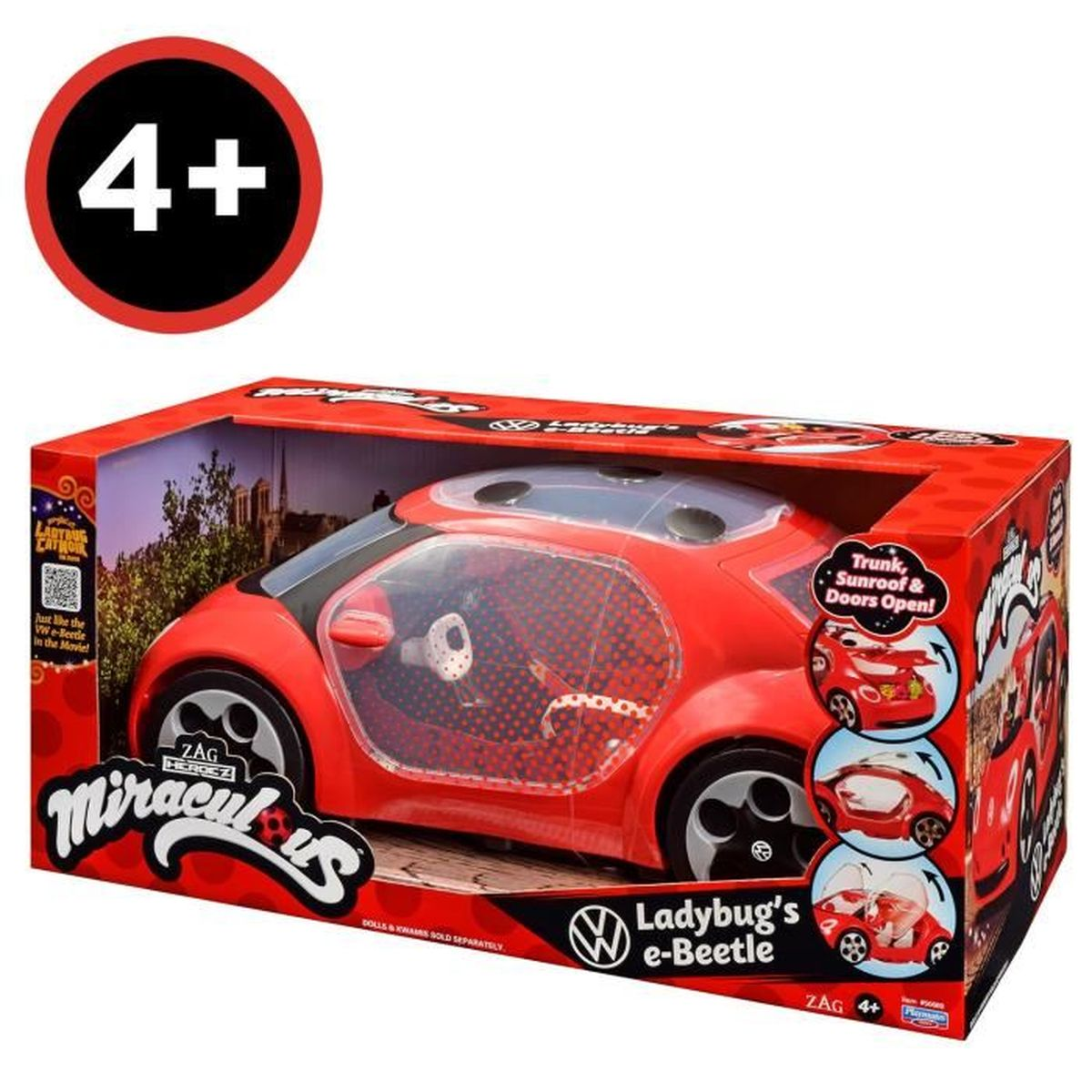 Rotes Spielzeugauto 'Ladybug's e-Beetle' in Verpackung mit '4+' Zeichen.