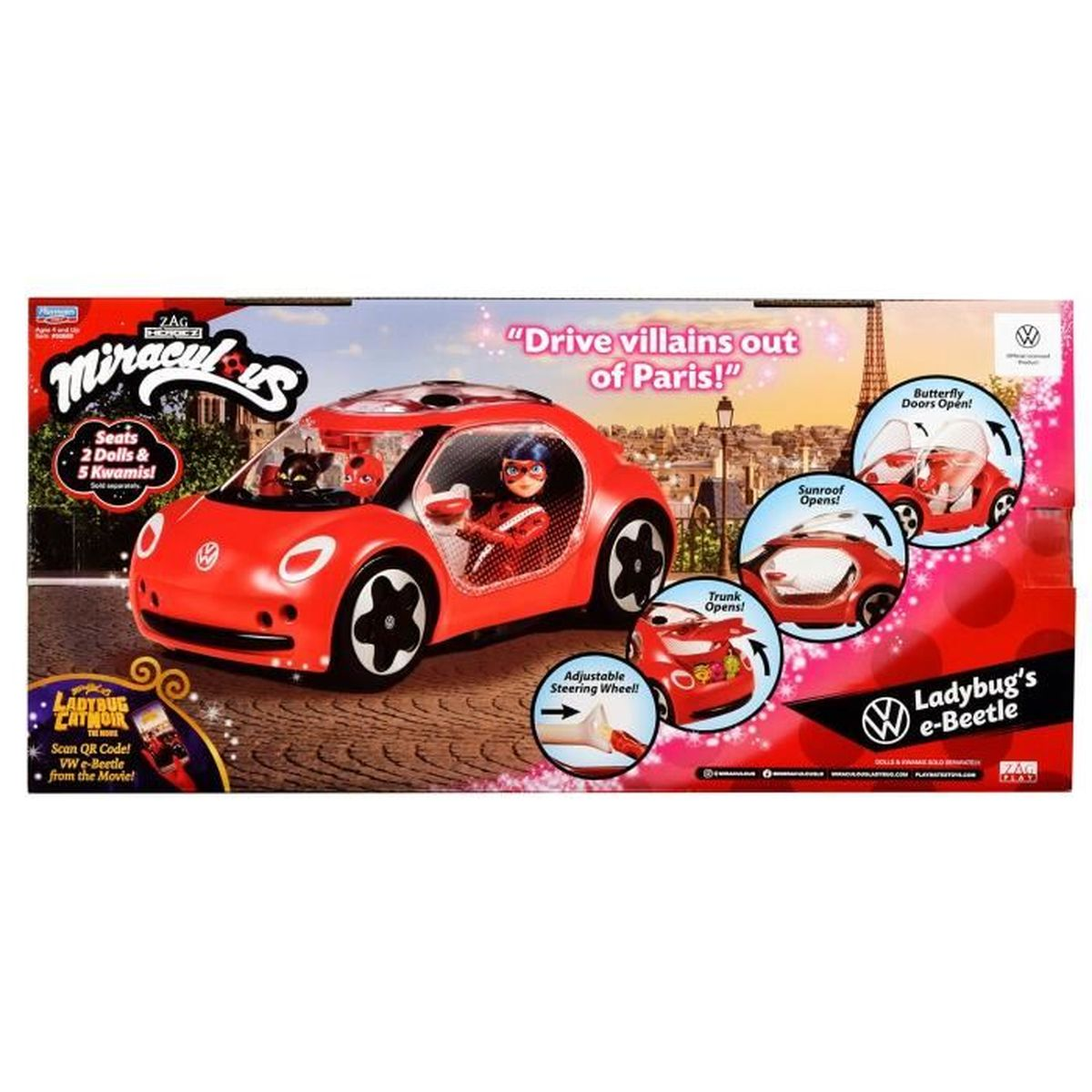 Ein roter Spielzeug-VW Käfer mit Ladybug- und Cat Noir-Figuren, mit sich öffnenden Türen, Schiebedach und Kofferraum.
