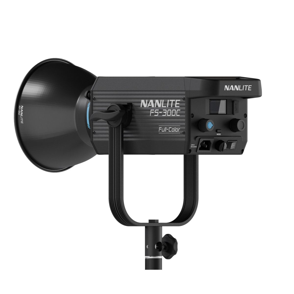 Schwarzes Nanlite FS-300C Vollfarb-LED-Licht mit Reflektor und Jochhalterung.
