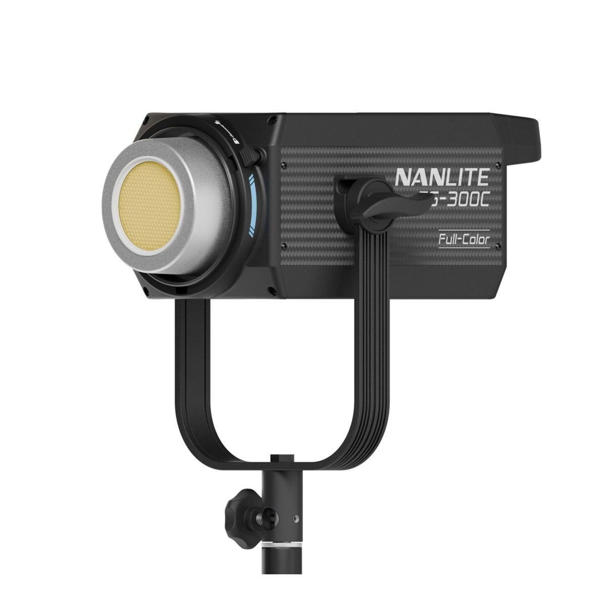Ein schwarzer Nanlite 300C-LED-Scheinwerfer mit U-Bügelhalterung und silberner Front.