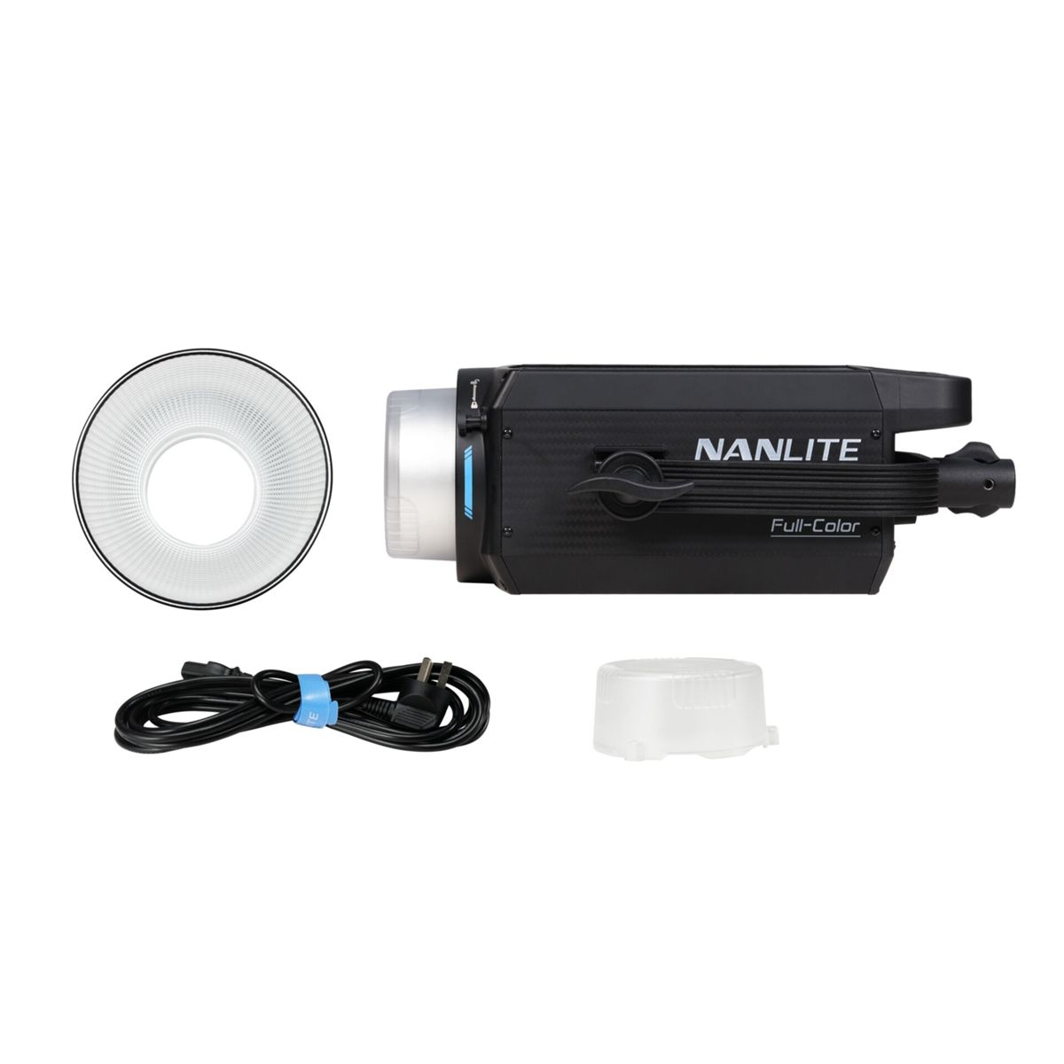 Ein schwarzes Nanlite-Licht mit Zubehör, einschließlich Kabel und Diffusor.