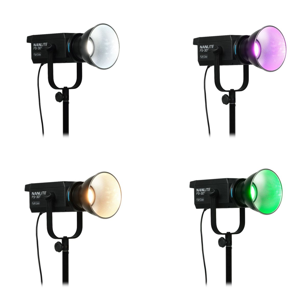 Vier Nanlite FS-30 Lichter in verschiedenen Farben: weiß, lila, gelb und grün.