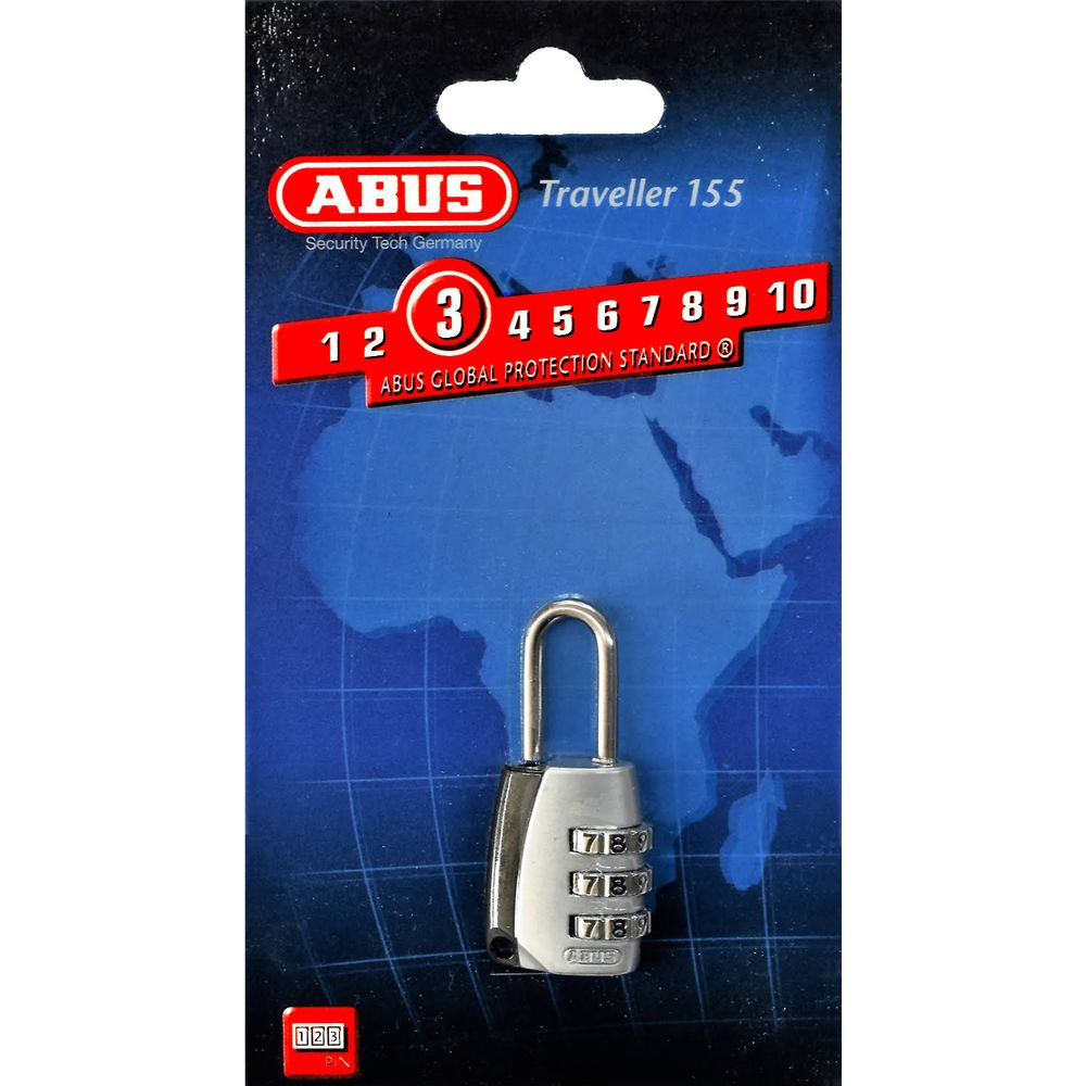 Ein silbernes ABUS Kombinationsschloss mit Zahlenrädern auf einer Karte mit Weltkartenmotiv.