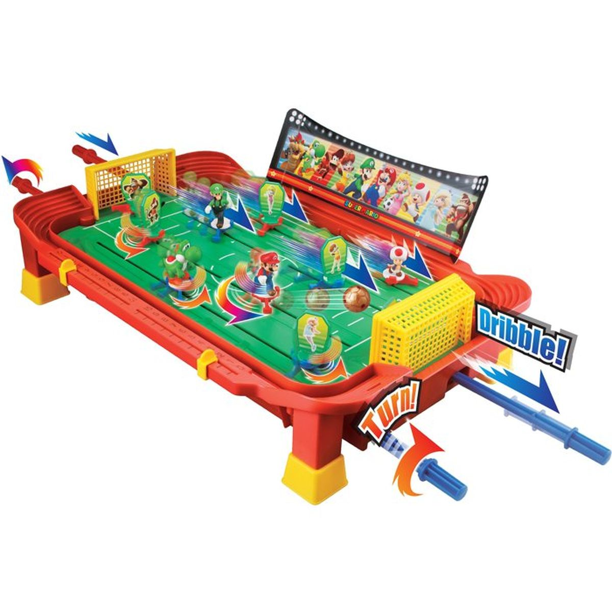 Gioco di calcio balilla a tema Mario con figure come Mario, Luigi e Yoshi.