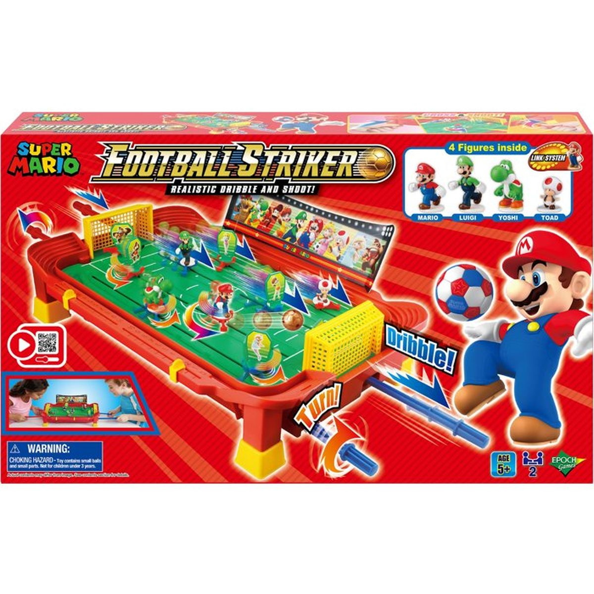 Confezione giocattolo Super Mario Football Striker con campo da gioco, figure e pallone.