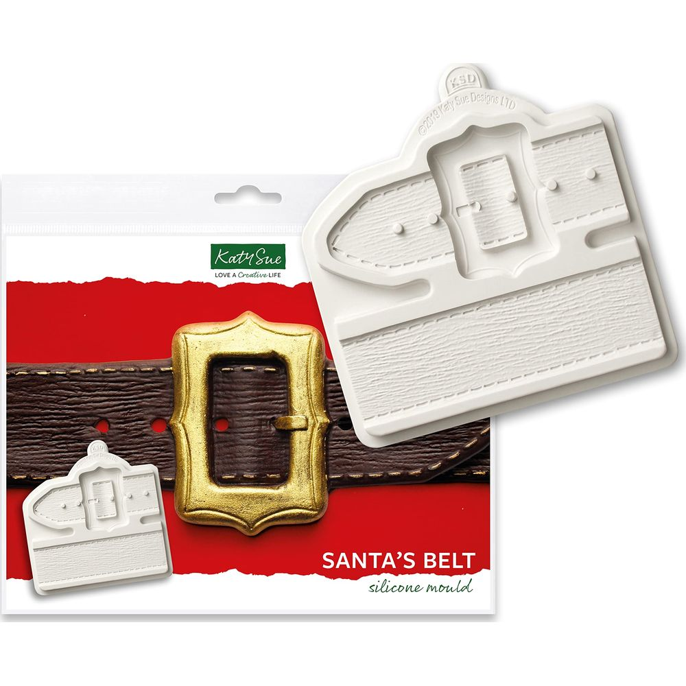 Ein weißer Silikonform für Santas Gürtel, daneben ein Gürtel mit Schnalle.