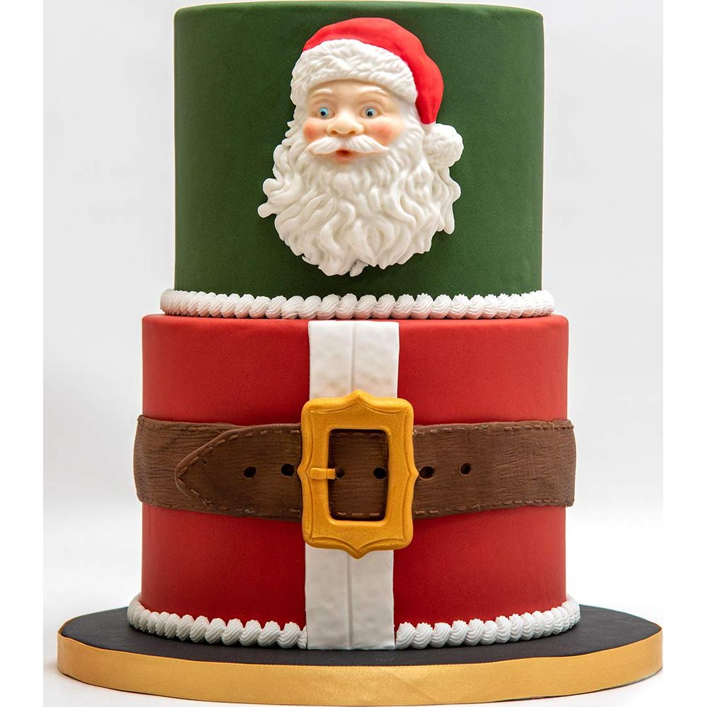 Zweistöckige Weihnachtsmann-Torte mit grünem Oberteil und rotem Unterteil.
