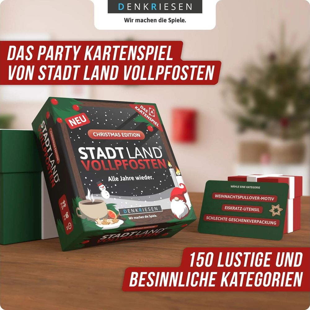 Das Kartenspiel "Stadt Land Vollpfosten" Christmas Edition mit Weihnachtsmotiven.