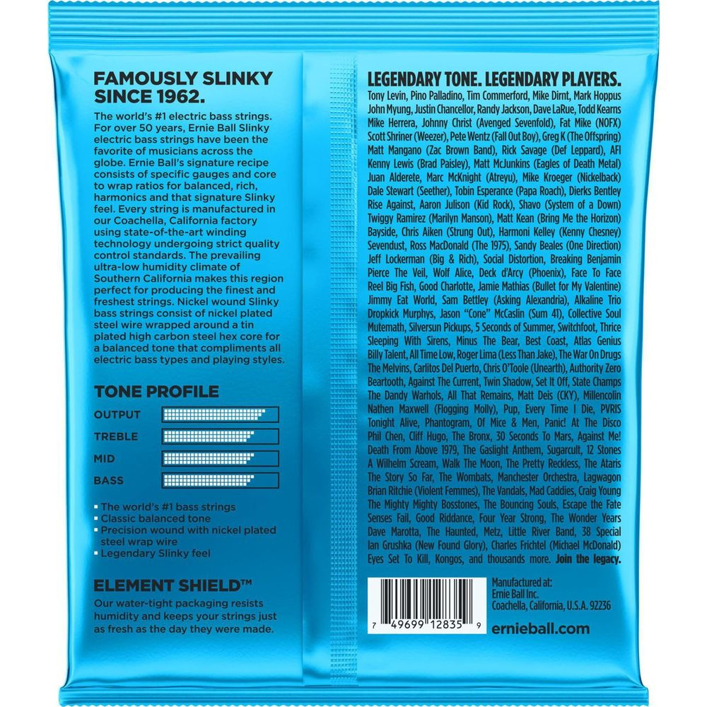 Ernie Ball Slinky Basssaiten-Verpackung mit Text über Eigenschaften und Spielerliste.