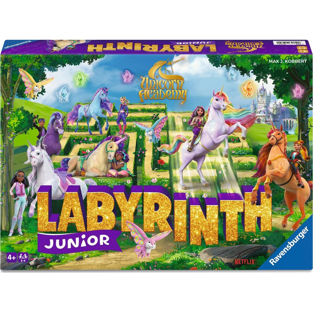 Labyrinth Junior Brettspiel-Box: Mädchen reiten Einhörner in einem Labyrinth mit Schloss.