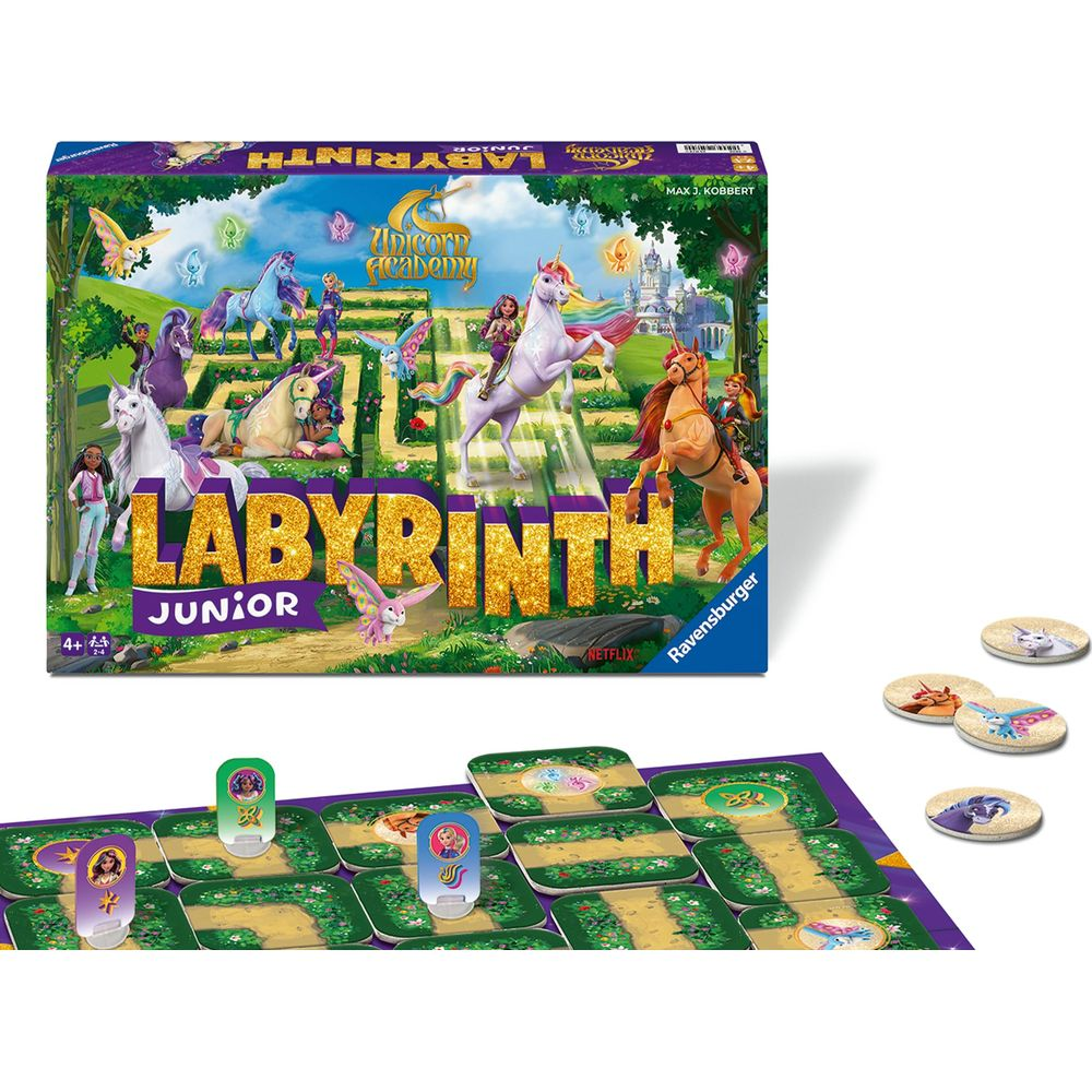Brettspiel Labyrinth Junior mit Einhorn-Thema, inklusive Spielbrett und Figuren.