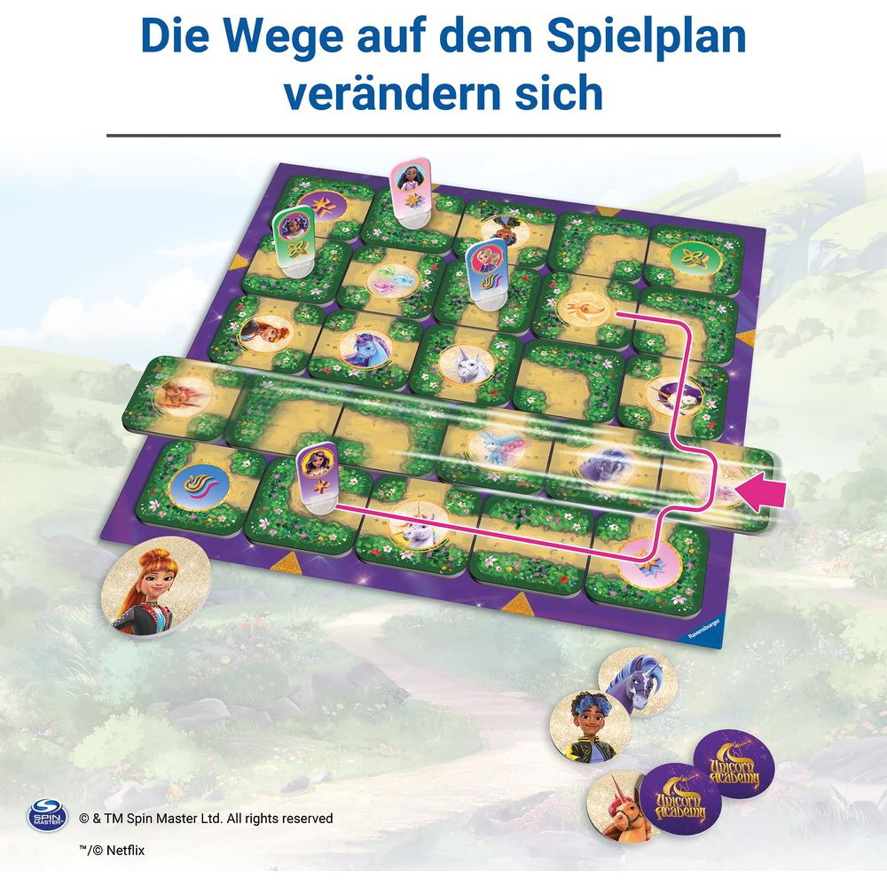 Spielbrett mit magischen Pfaden, Charakter-Tokens und Unicorn Academy Logo.