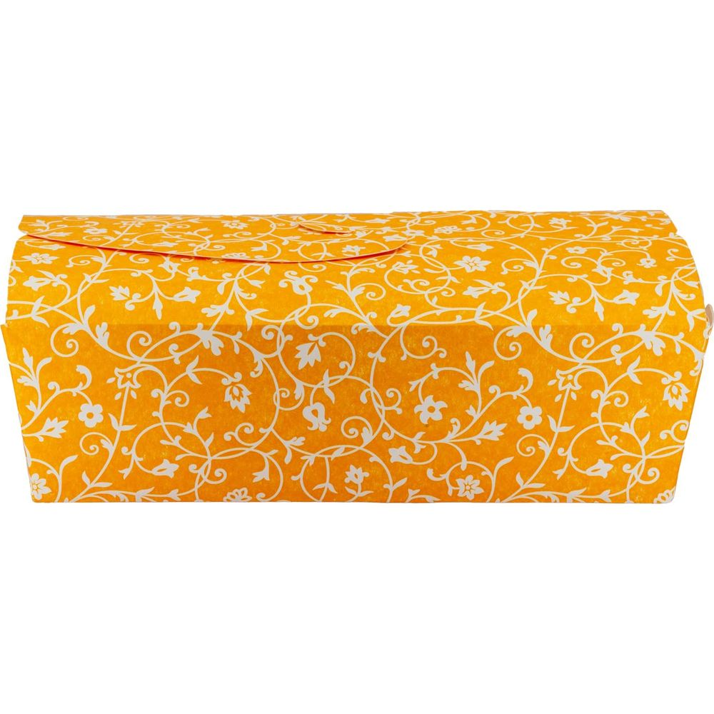 Eine orangefarbene Schachtel mit weißem Blumenmuster.