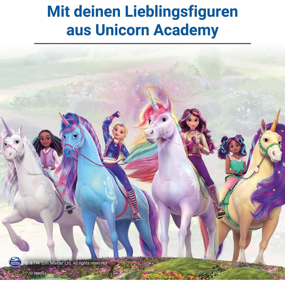 Fünf Mädchen reiten auf bunten Einhörnern auf einem Hügel.