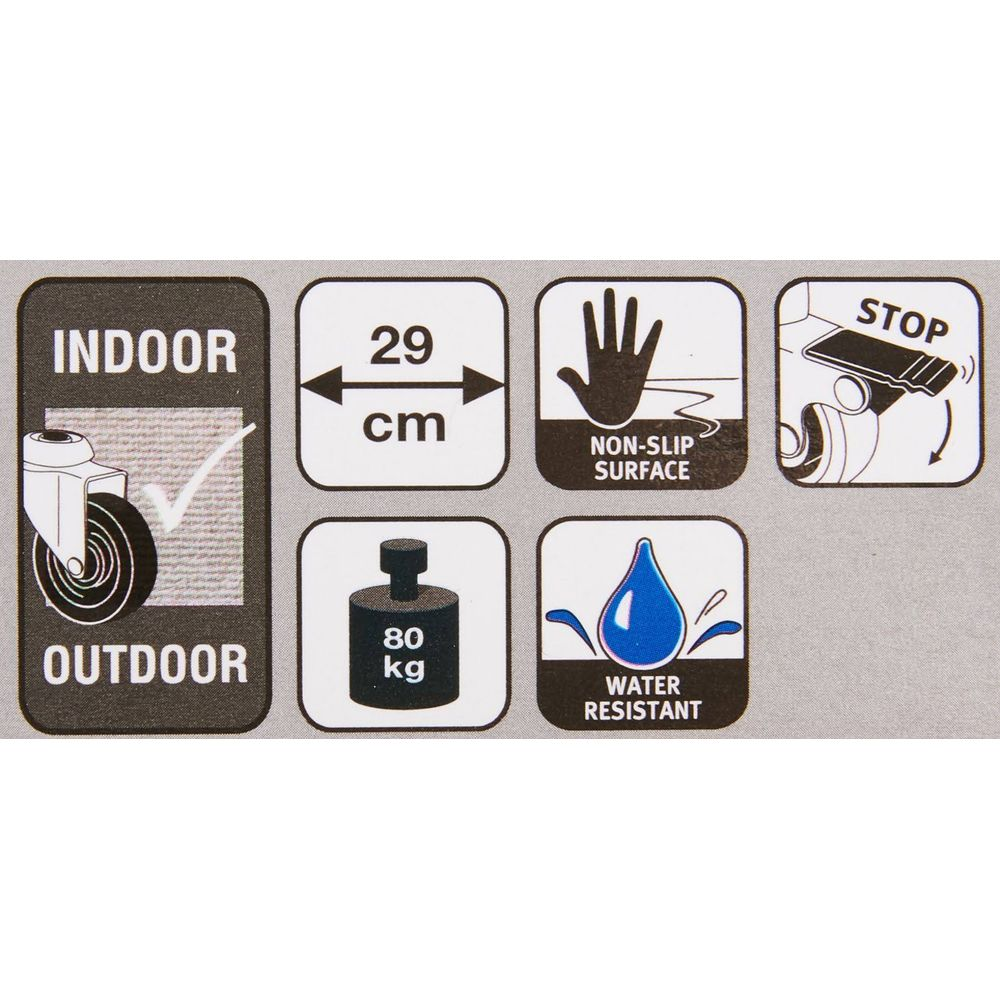 Symbole: Indoor/Outdoor, 29 cm, rutschfeste Oberfläche, Stopp, 80 kg, wasserabweisend.