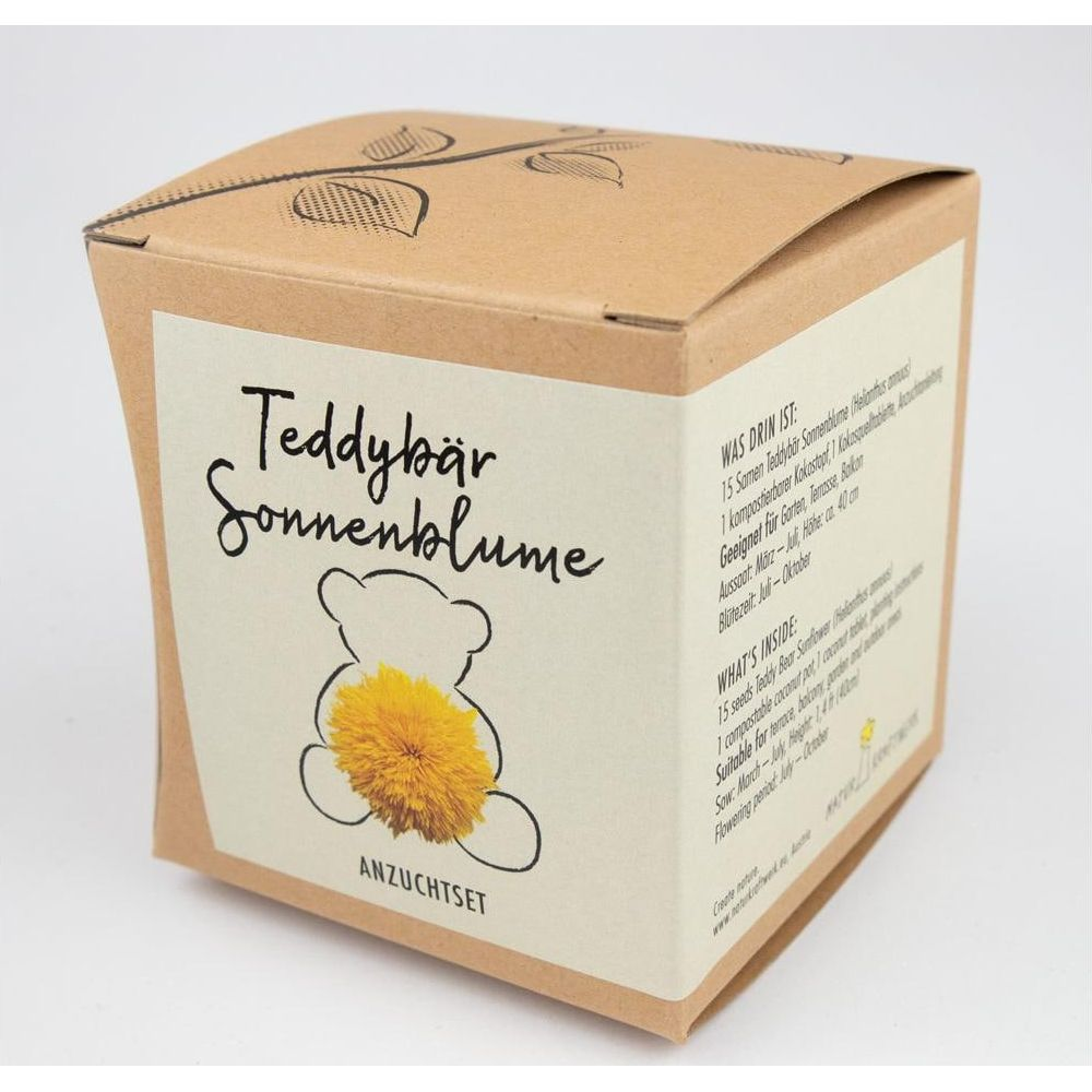 Ein Kasten für Teddybär-Sonnenblumen-Saatgut mit Illustration einer Blume.