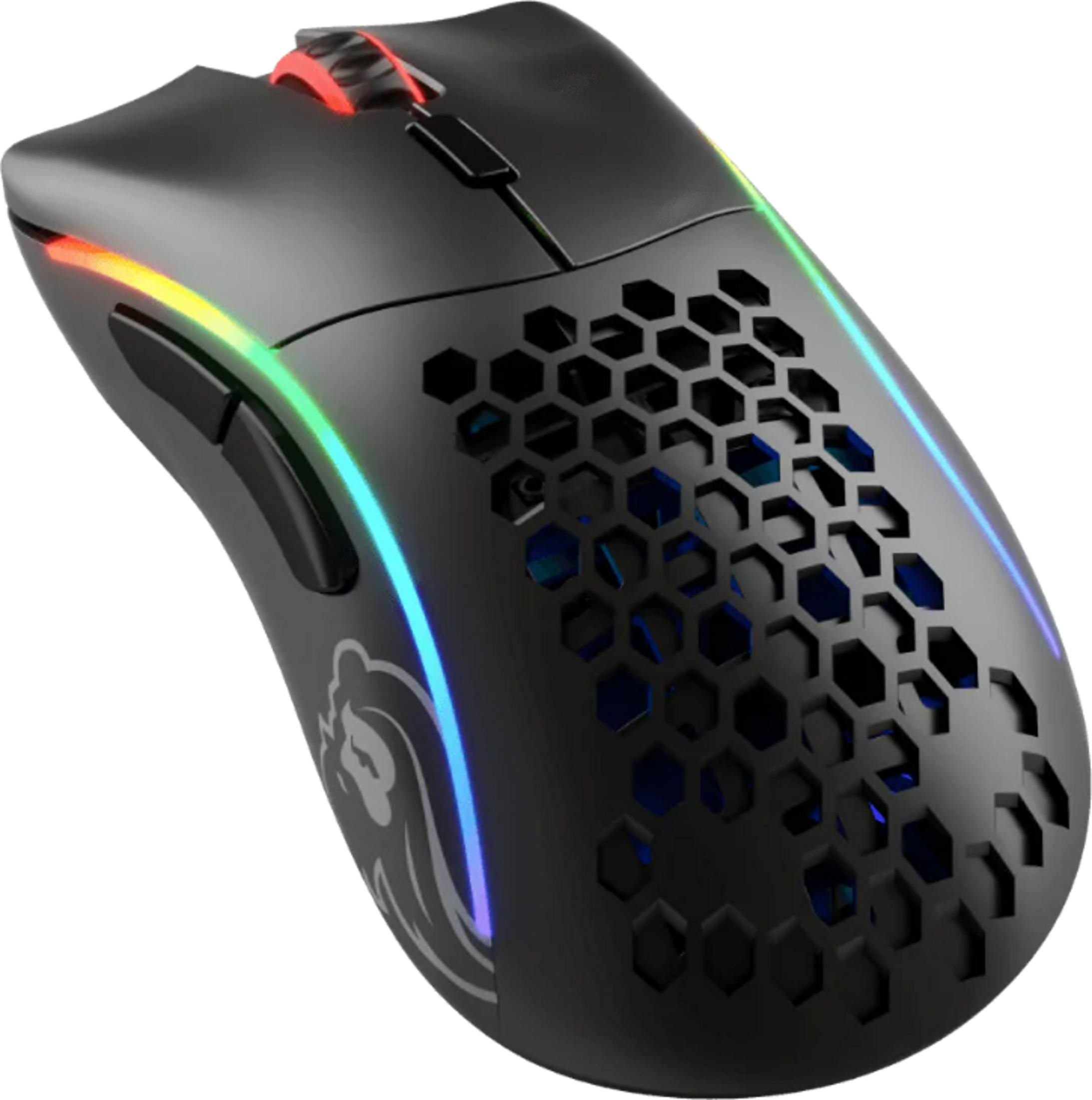 Black gaming mouse with honeycomb pattern and RGB lighting.