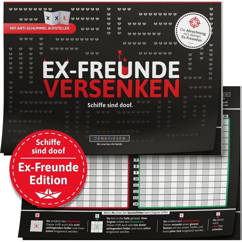 Spiel "Ex-Freunde Versenken" mit Herz-Motiv, Spielbrett und Regeln.