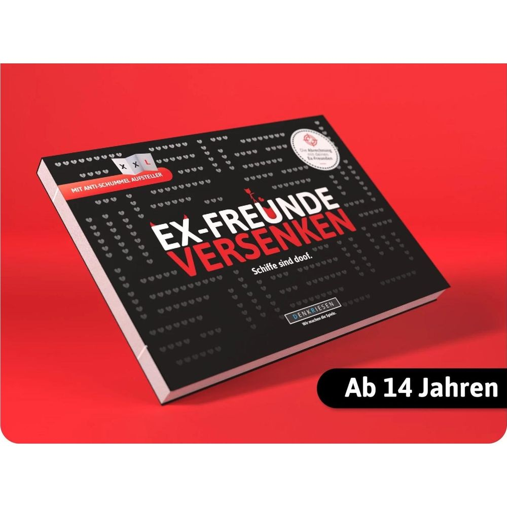 Ein Spiel namens EX-FREUNDE VERSENKEN mit Aufsteller, für Alter ab 14.