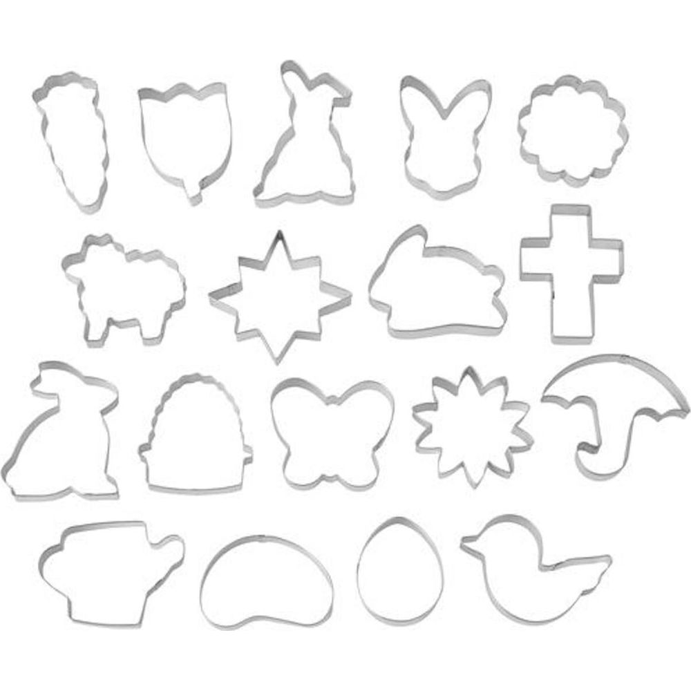 Osterkeksausstecher: Karotte, Tulpe, Kleid, Hase, Wolke, Schaf, Stern, Hase, Kreuz, Hase, Bienenstock, Schmetterling, Sonne, Regenschirm, Gießkanne, Bohne, Ei, Vogel.