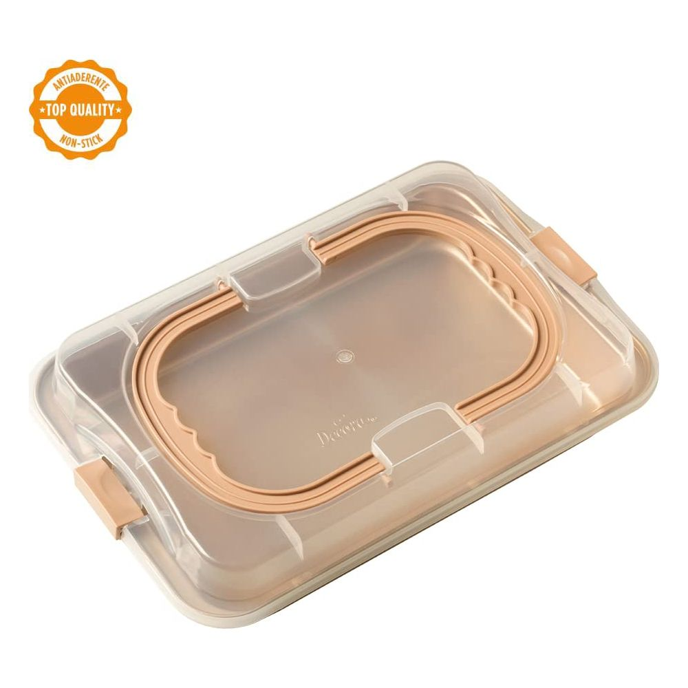 Eine durchsichtige Backform mit Deckel, kupferfarbenem Inneren und beige Riegeln.