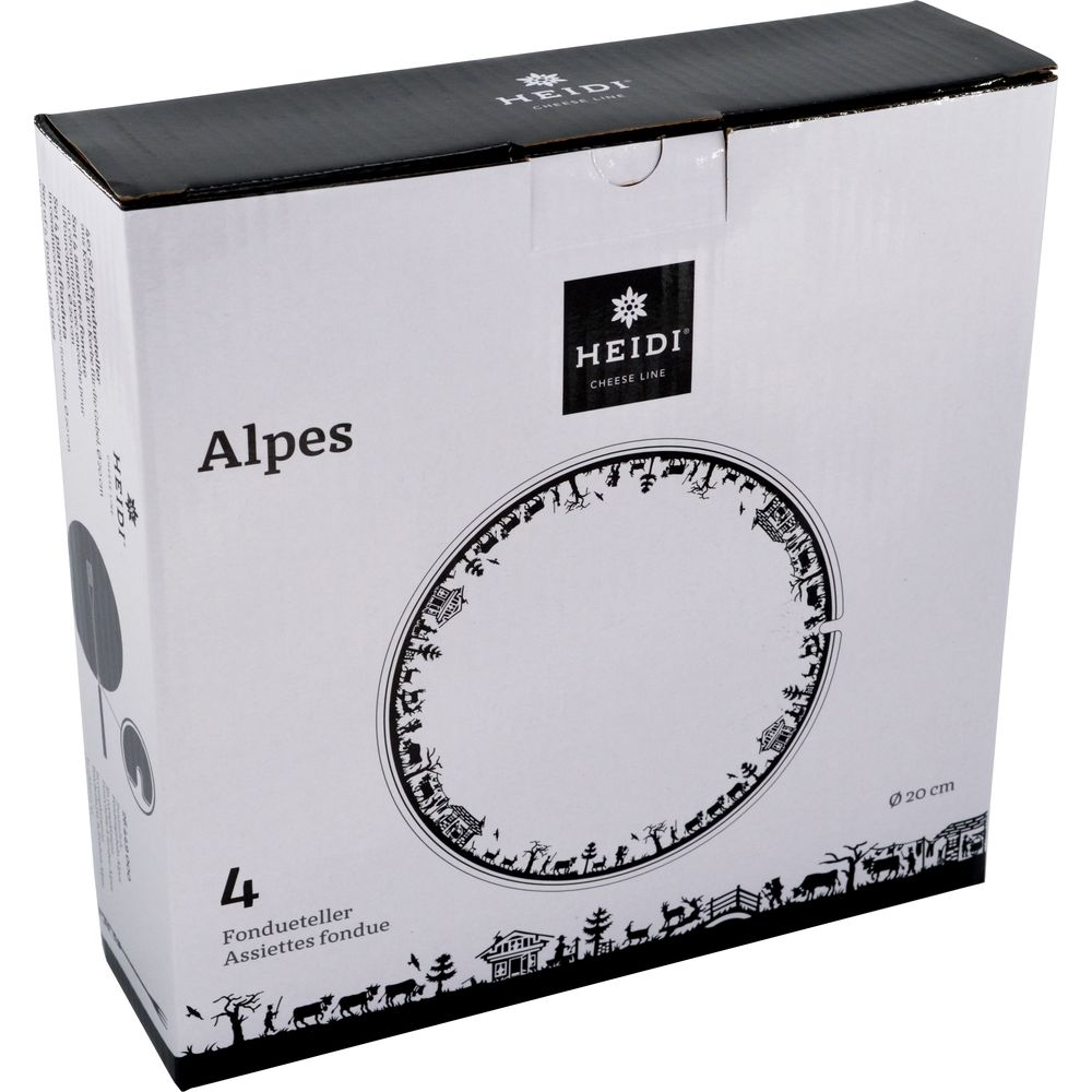 Boîte blanche avec texte 'Alps', logo Heidi Cheese Line et décor de scène alpine.