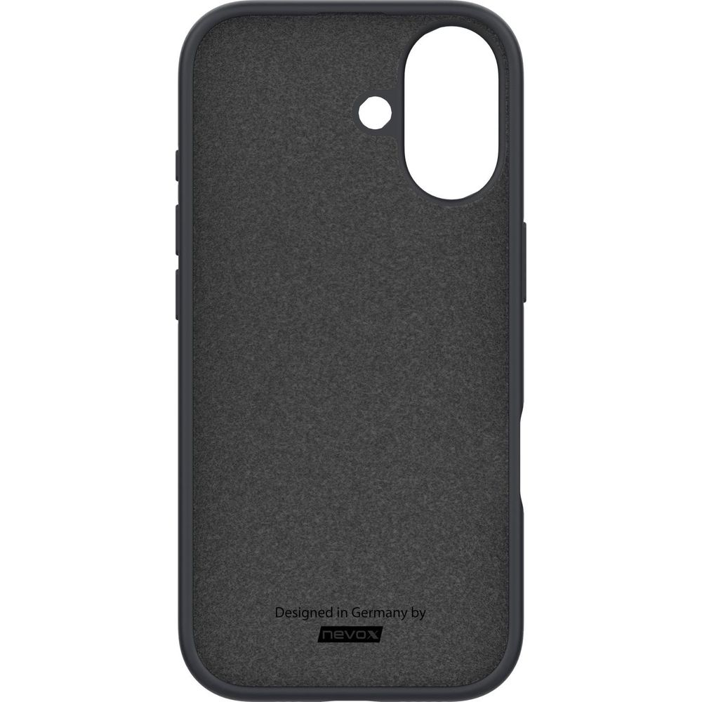 Coque de téléphone gris foncé avec découpe caméra et logo.