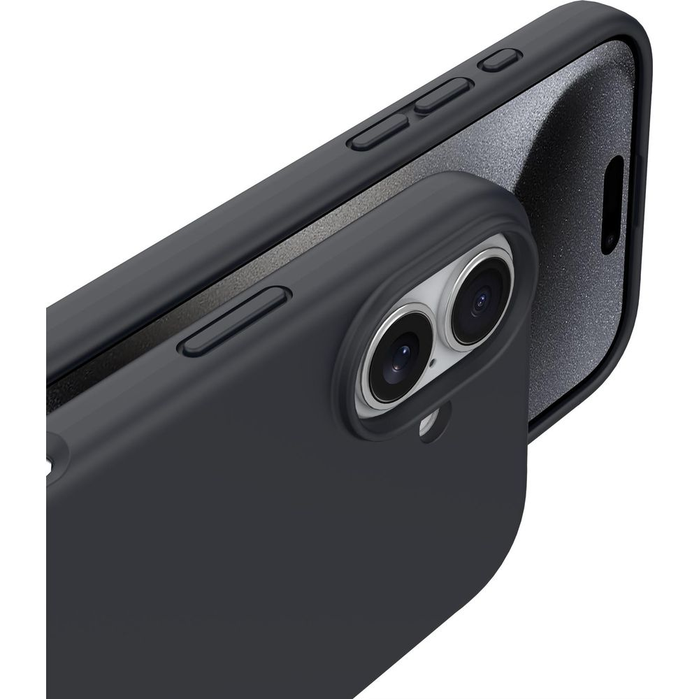 Téléphone gris foncé avec double appareil photo et étui noir.