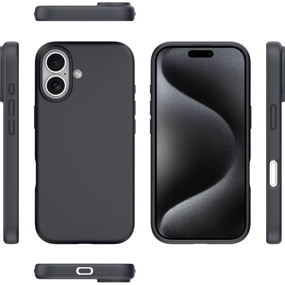Trois vues d'une coque de téléphone noire, l'une montrant les caméras, l'autre l'écran.