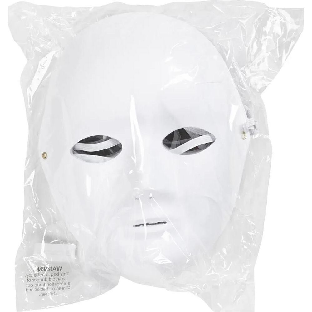 Una maschera bianca con fori per occhi e bocca, in plastica.