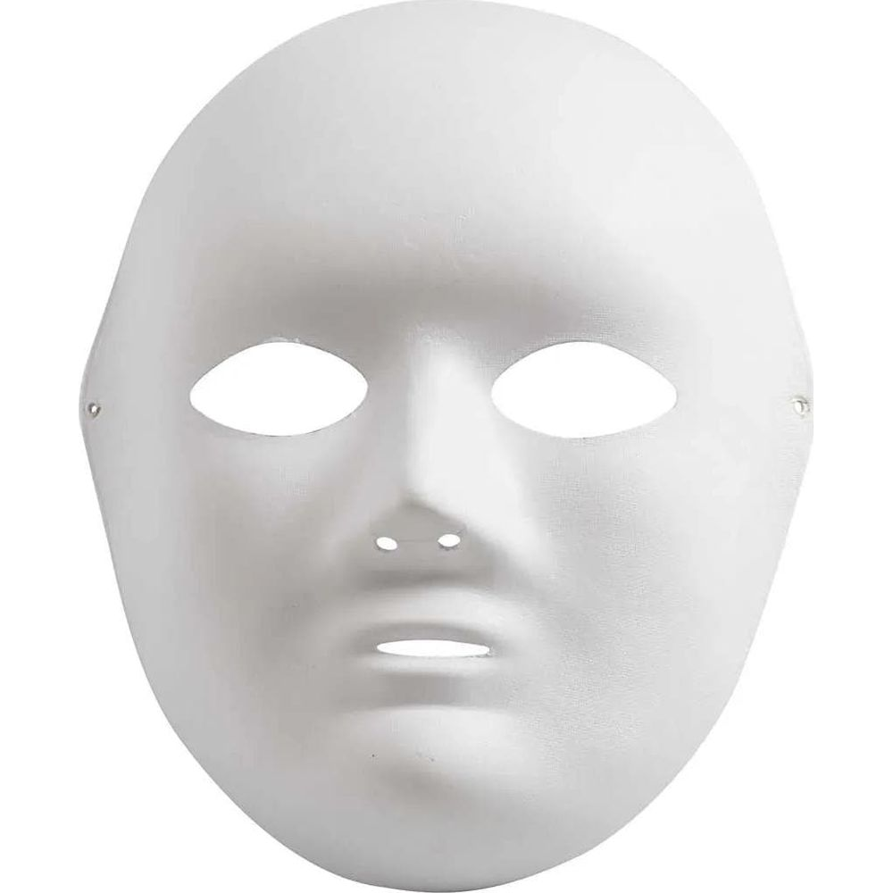 Una maschera bianca vuota con aperture per occhi e bocca su sfondo bianco.