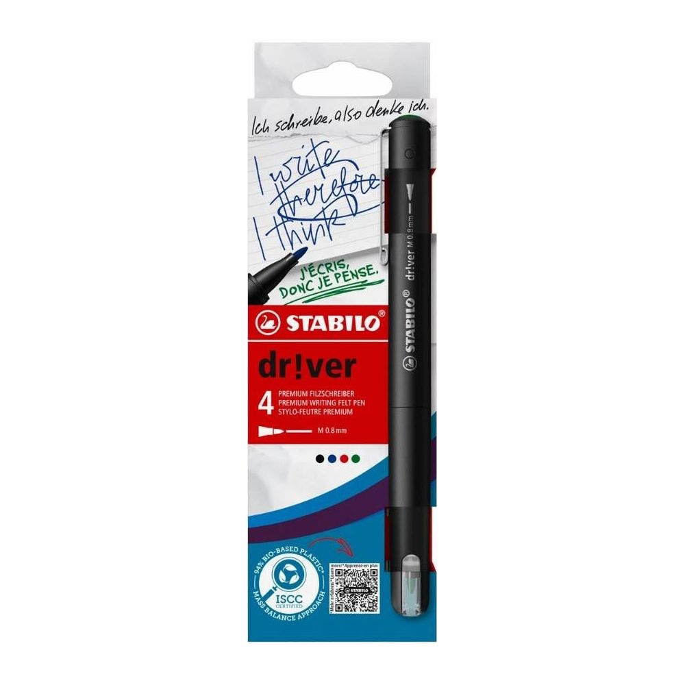 Stabilo dr!ver Filzstift mit deutscher, englischer und französischer Schrift.