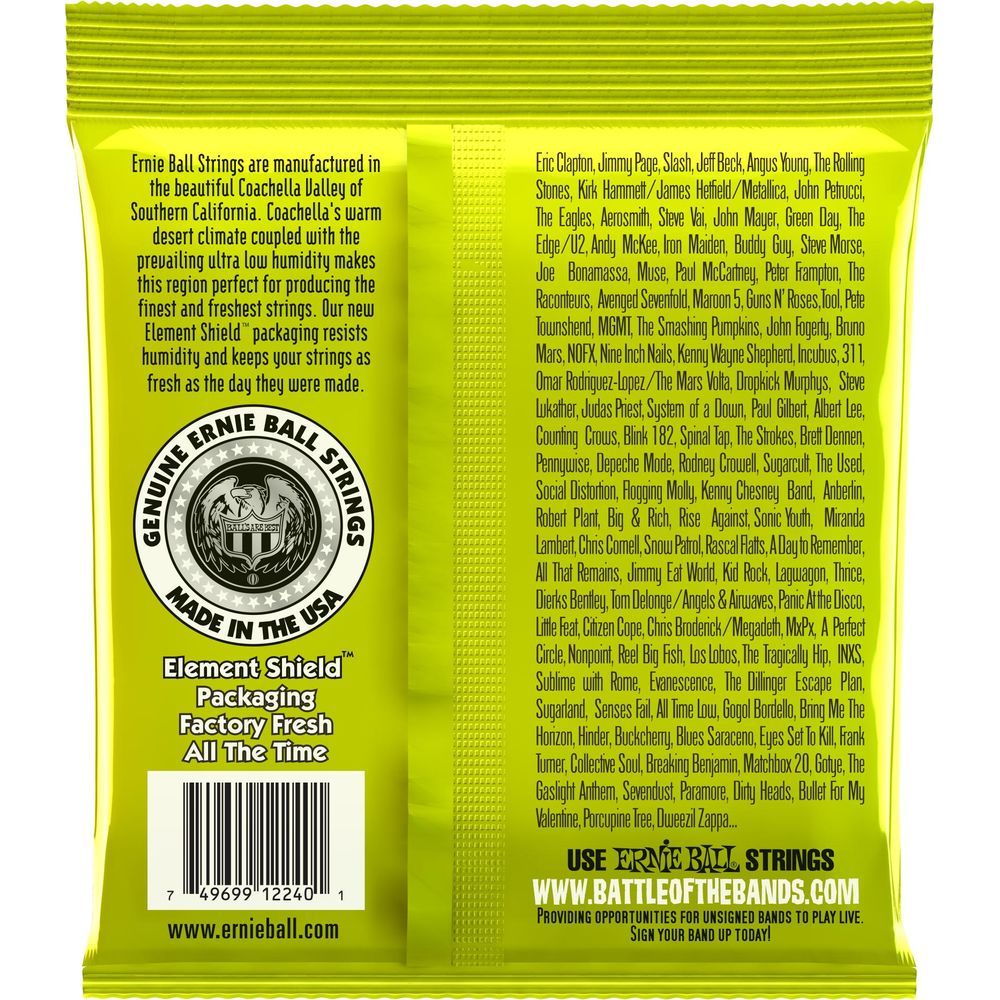 Ernie Ball Saiten-Verpackung mit Bandliste, Logo und Barcode.