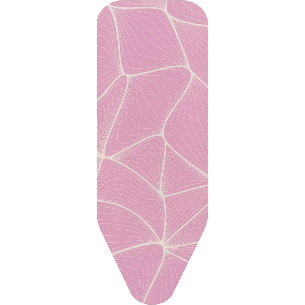 Une housse de planche à repasser rose avec un motif de lignes blanches.