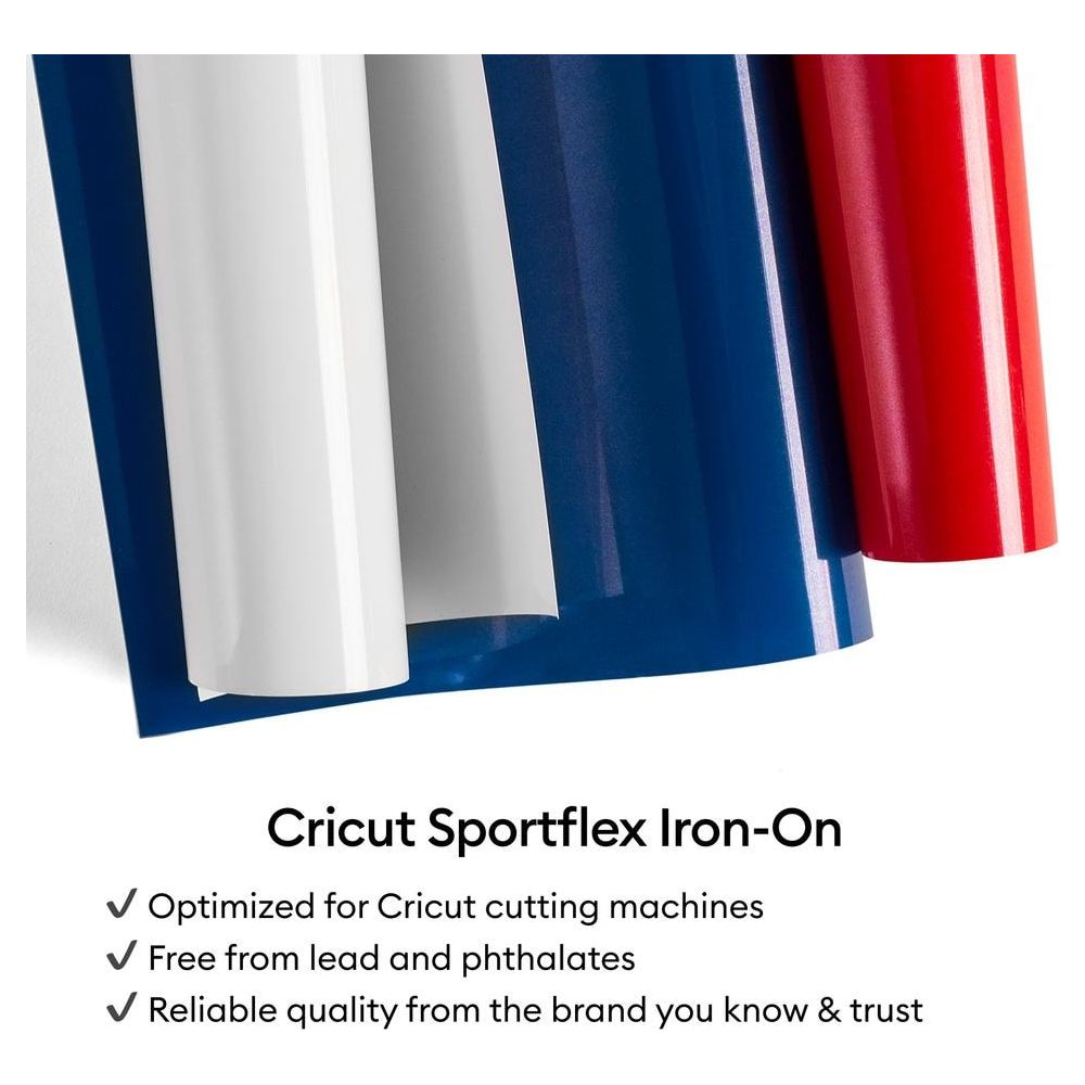 Weiße, blaue und rote Cricut Sportflex-Bügelvinylrollen.