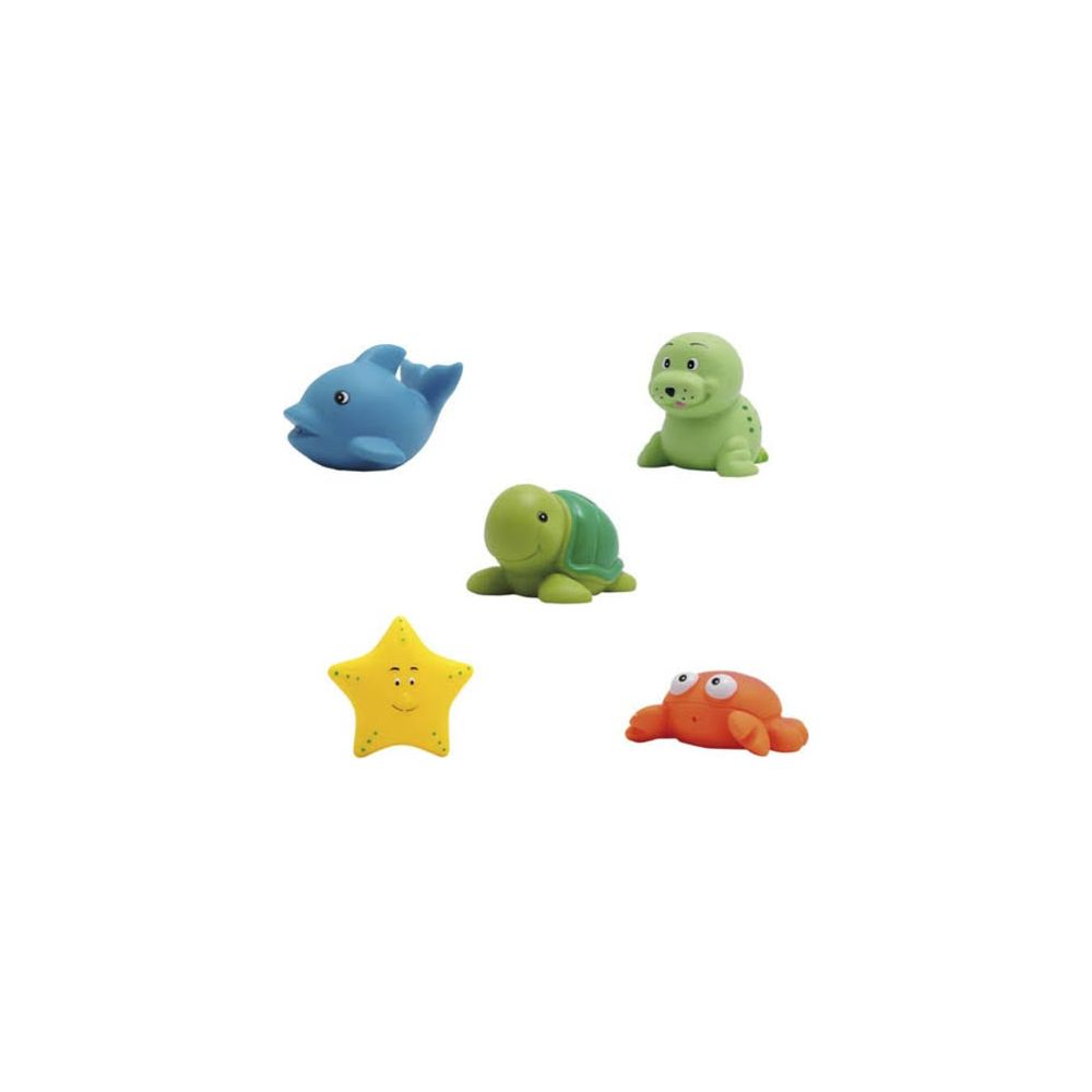 Fünf bunte Gummitierchen: Delfin, Robbe, Schildkröte, Seestern, Krebs.