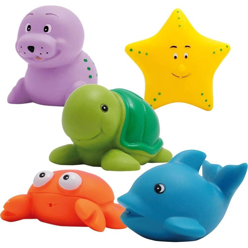 Fünf bunte Tier-Badespielzeuge: Seelöwe, Seestern, Schildkröte, Krabbe, Delfin.