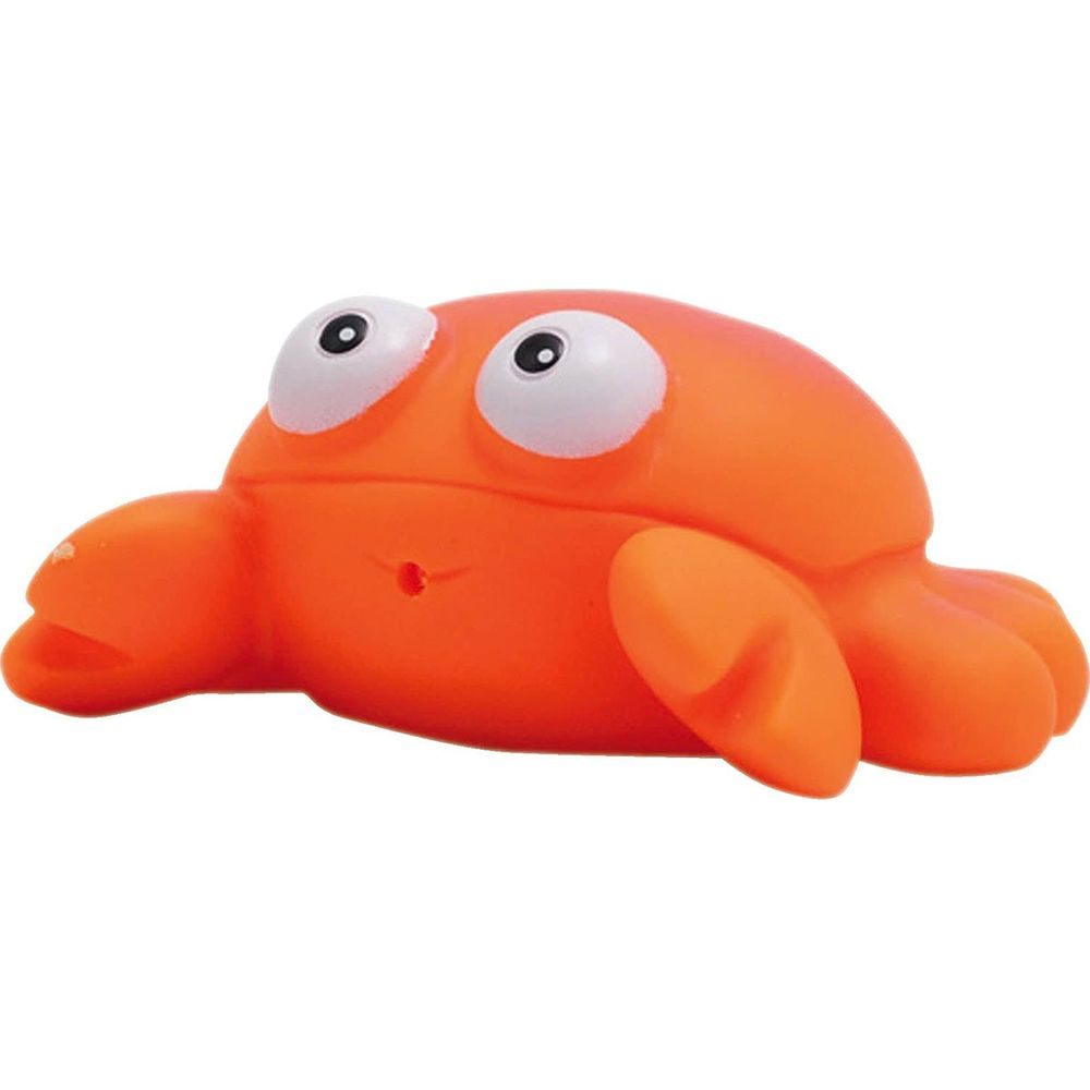 Ein orangefarbener Quietsche-Krebs mit großen Augen und einem kleinen Loch.
