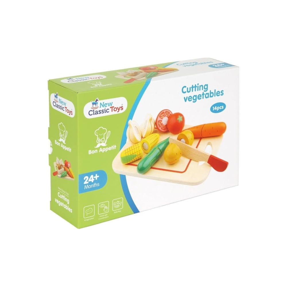 Verpackung für Schneidgemüse-Spielzeug mit Holzgemüse, Messer und Schneidebrett.
