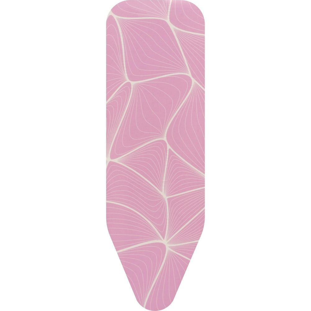 Une housse de planche à repasser rose avec un motif de lignes blanches.