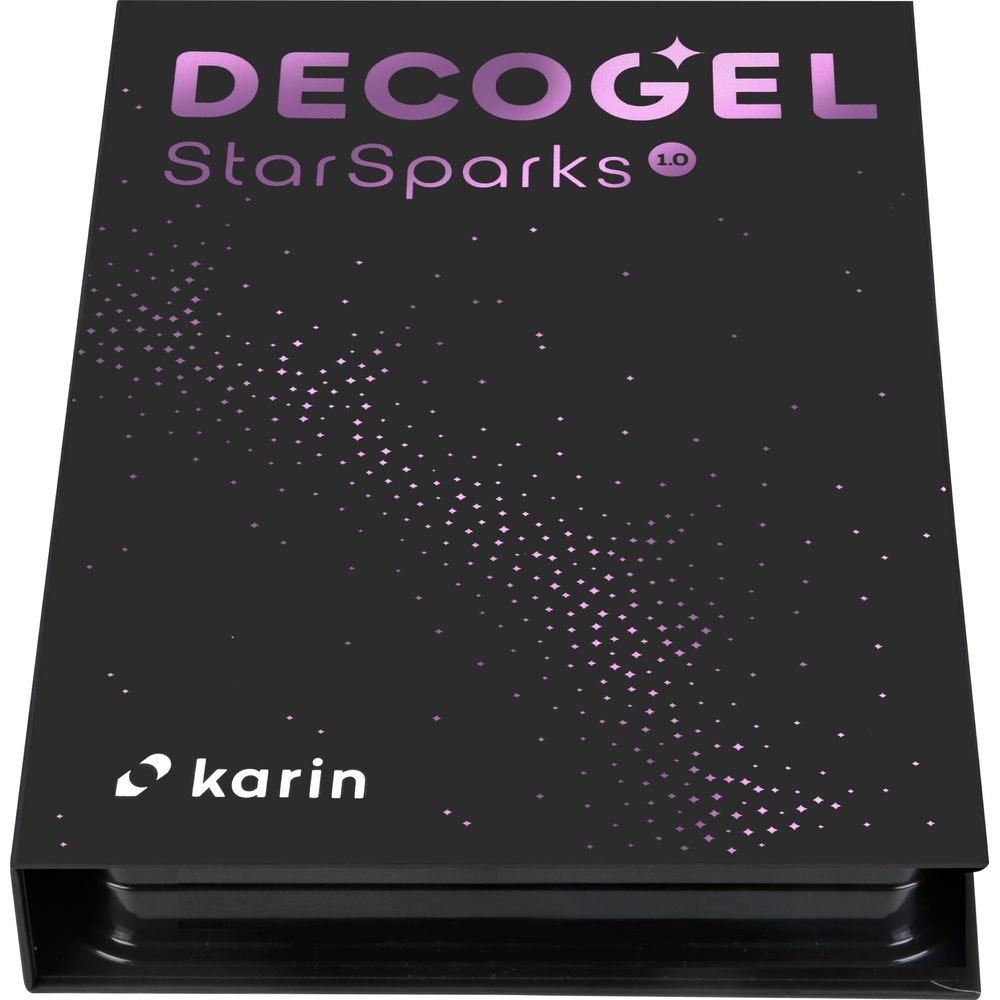 Schwarze Verpackung mit "DECO GEL StarSparks 1.0" und "karin" Logo.